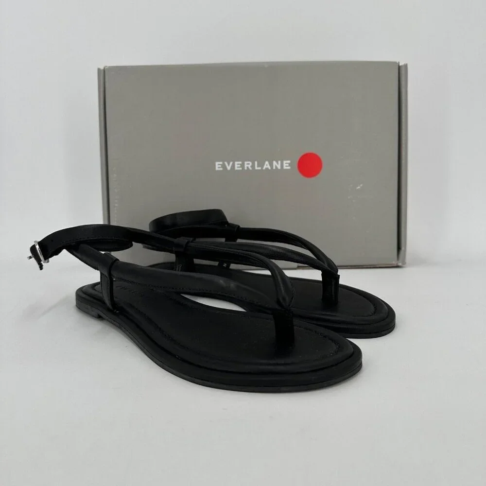 Everlane The Endless Summer Sandal size 6.5 Black Leather Thong w/ Ankle Strap